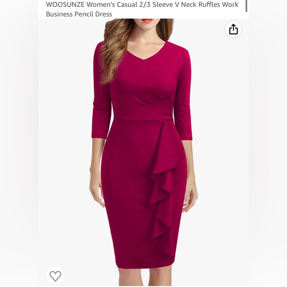WOOSUNZE Women's Casual 2/3 Sleeve V Neck Ruffles Work Business Pencil Dress